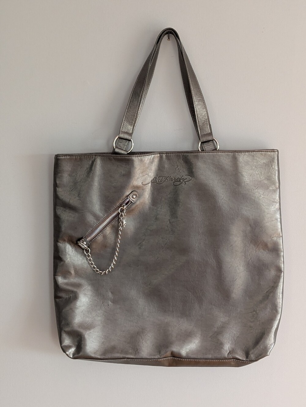 Ed Hardy Metallic Pewter Tote Bag Y2K Skull Charm Silver Shoulder Bag Large